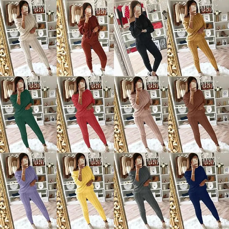 5xl Casual Knitted Long Sleeve O-neck Sweater Top & Long Pants Suit Women Solid Color 2 Pieces Sets 2023 Autumn Winter Clothing