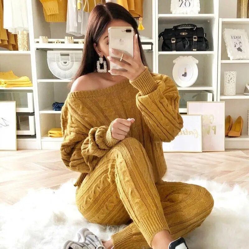 5xl Casual Knitted Long Sleeve O-neck Sweater Top & Long Pants Suit Women Solid Color 2 Pieces Sets 2023 Autumn Winter Clothing