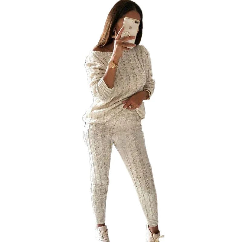 5xl Casual Knitted Long Sleeve O-neck Sweater Top & Long Pants Suit Women Solid Color 2 Pieces Sets 2023 Autumn Winter Clothing