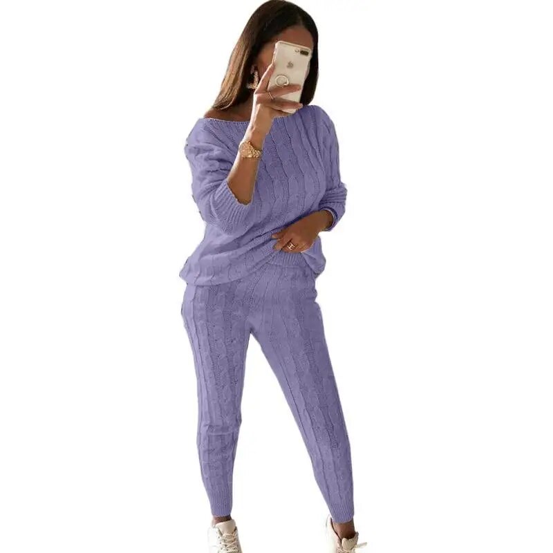 5xl Casual Knitted Long Sleeve O-neck Sweater Top & Long Pants Suit Women Solid Color 2 Pieces Sets 2023 Autumn Winter Clothing