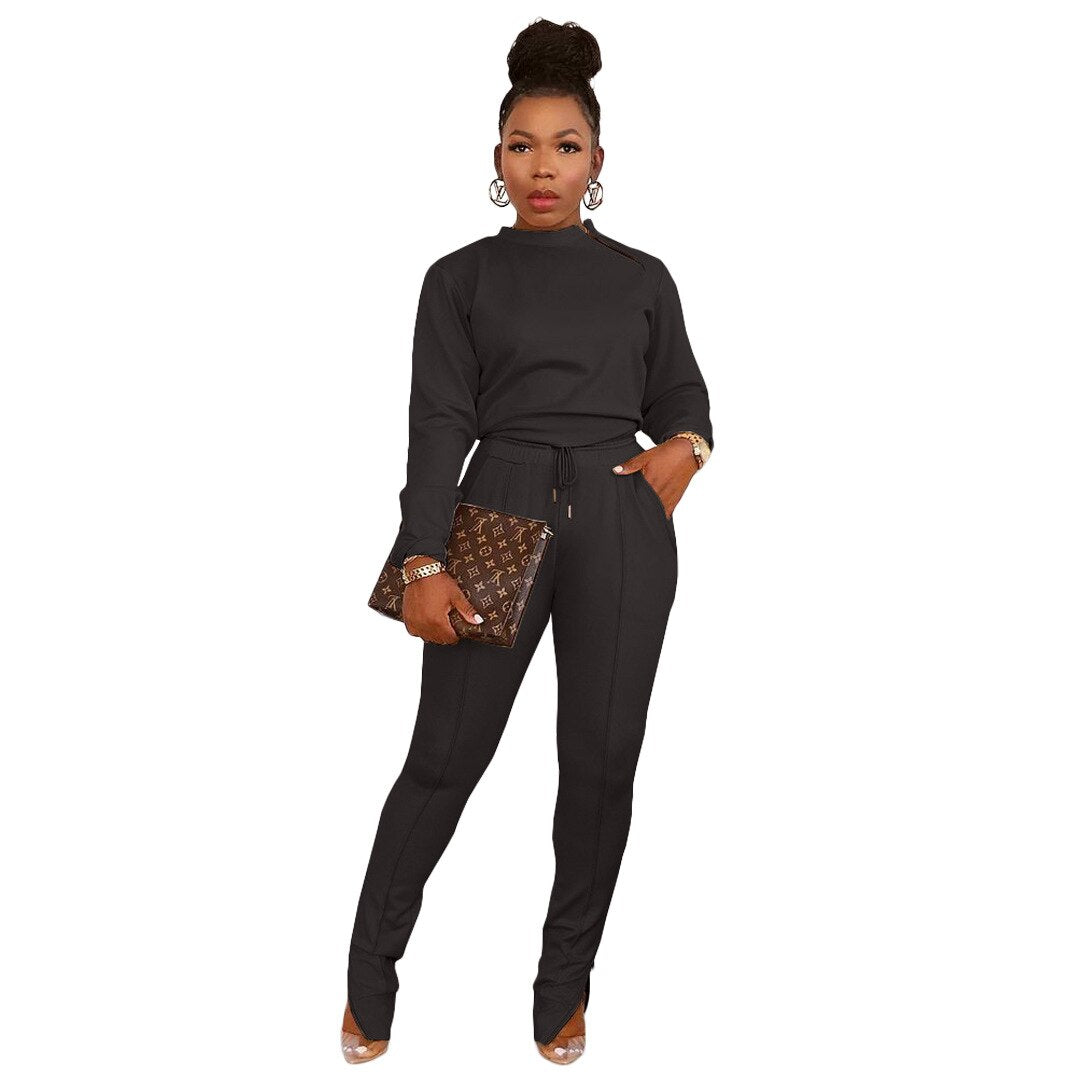 Active Wear Sporty Fitness Two Piece Set Women Casual Long Sleeve Pullover Top+high Waist Drawstring Zipper Split Hem Sweatpants