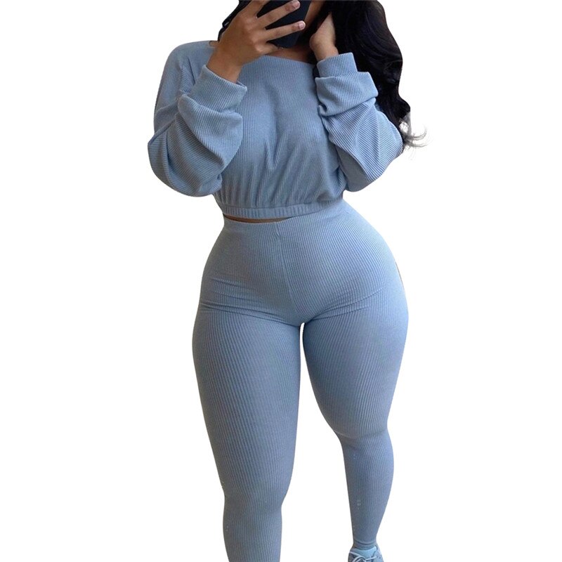 Autumn Women Ribbed Fitness Tracksuit 2 pieces Set Slim Crop top + Sporting Leggings Active Wear outfits Skinny Stretch Outwear