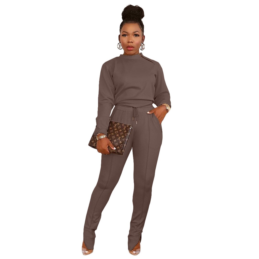 Active Wear Sporty Fitness Two Piece Set Women Casual Long Sleeve Pullover Top+high Waist Drawstring Zipper Split Hem Sweatpants