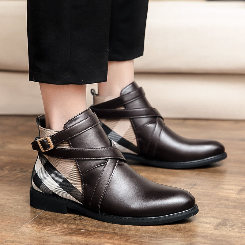 Men Ankle Boots Genuine Leather Dress Shoes Buckle Strap Flats Pointed Toe Motorcycle Boots Casual Nightclub Party Footwear 48