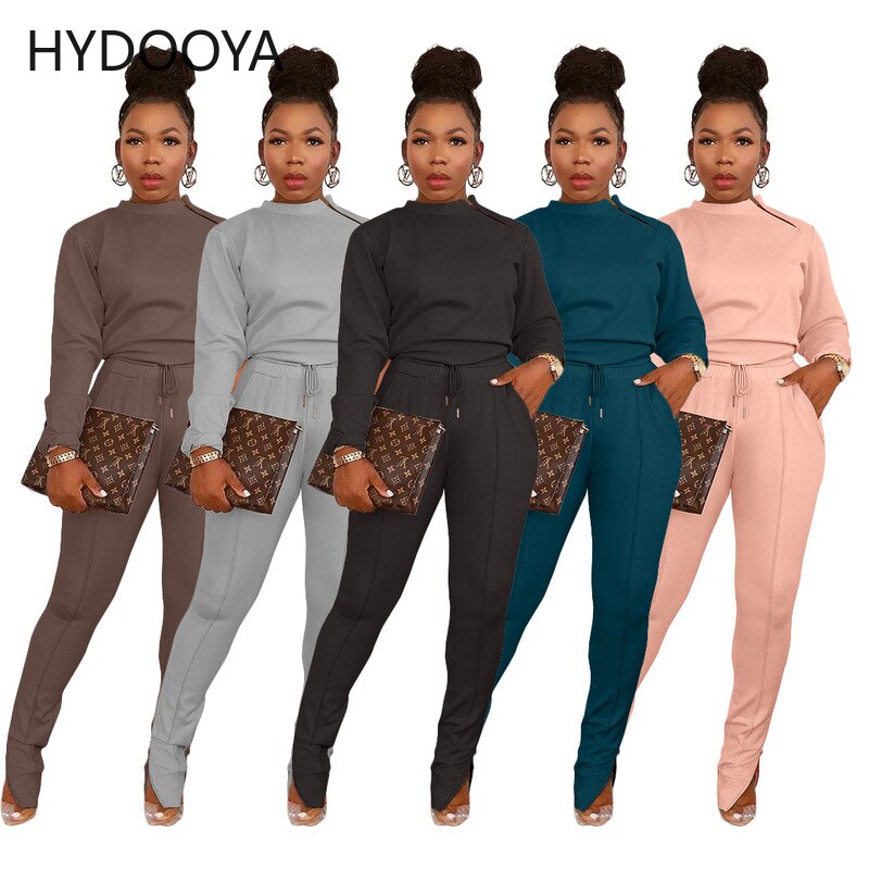 Active Wear Sporty Fitness Two Piece Set Women Casual Long Sleeve Pullover Top+high Waist Drawstring Zipper Split Hem Sweatpants