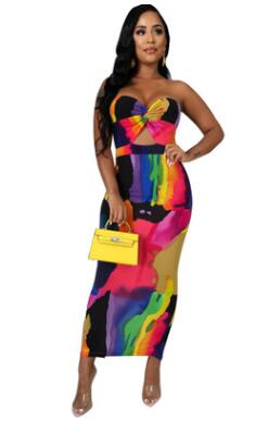 Sexy Europe and America Wrapped Chest Fashion Print Long Skirt Evening Dress