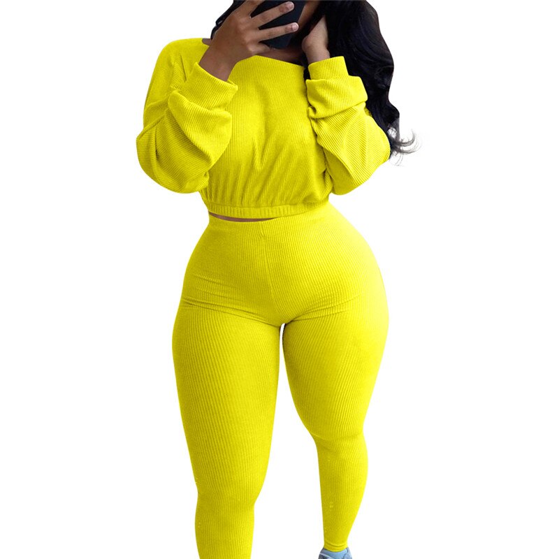 Autumn Women Ribbed Fitness Tracksuit 2 pieces Set Slim Crop top + Sporting Leggings Active Wear outfits Skinny Stretch Outwear