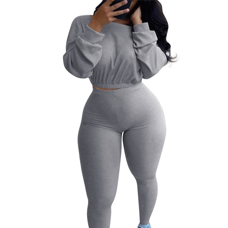 Autumn Women Ribbed Fitness Tracksuit 2 pieces Set Slim Crop top + Sporting Leggings Active Wear outfits Skinny Stretch Outwear