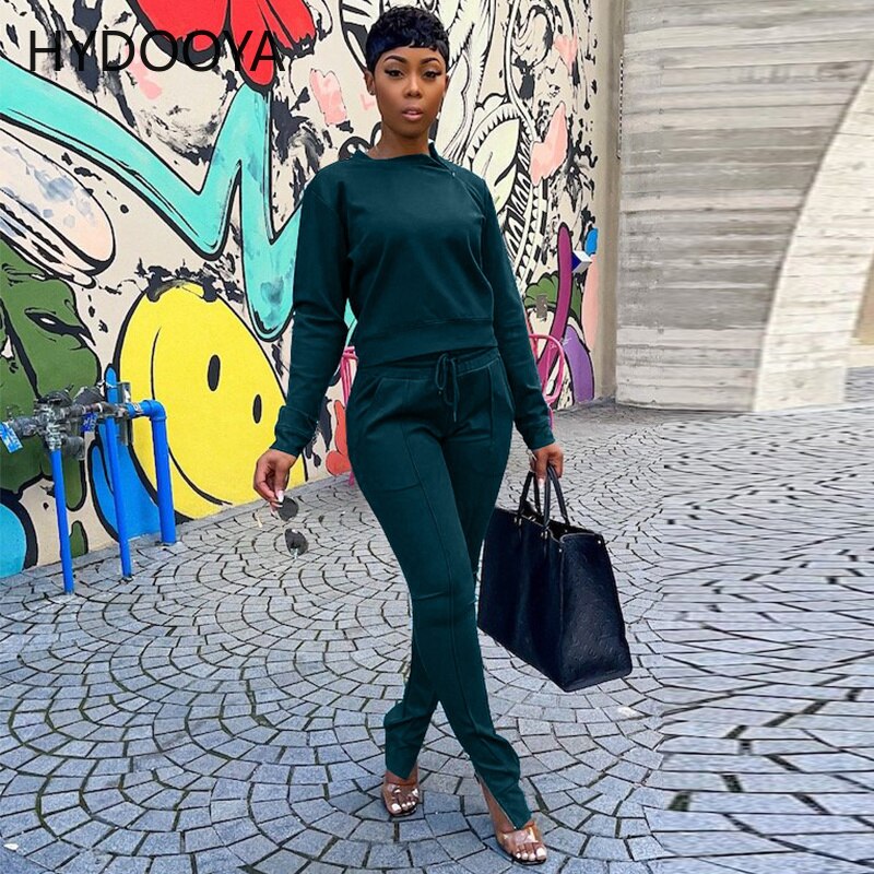 Active Wear Sporty Fitness Two Piece Set Women Casual Long Sleeve Pullover Top+high Waist Drawstring Zipper Split Hem Sweatpants