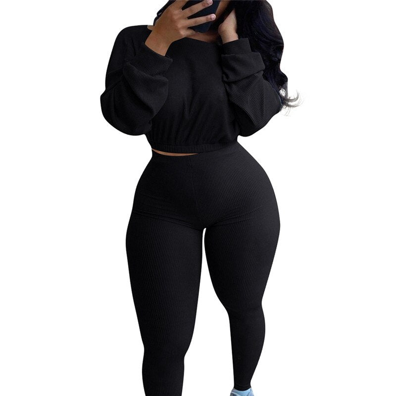 Autumn Women Ribbed Fitness Tracksuit 2 pieces Set Slim Crop top + Sporting Leggings Active Wear outfits Skinny Stretch Outwear