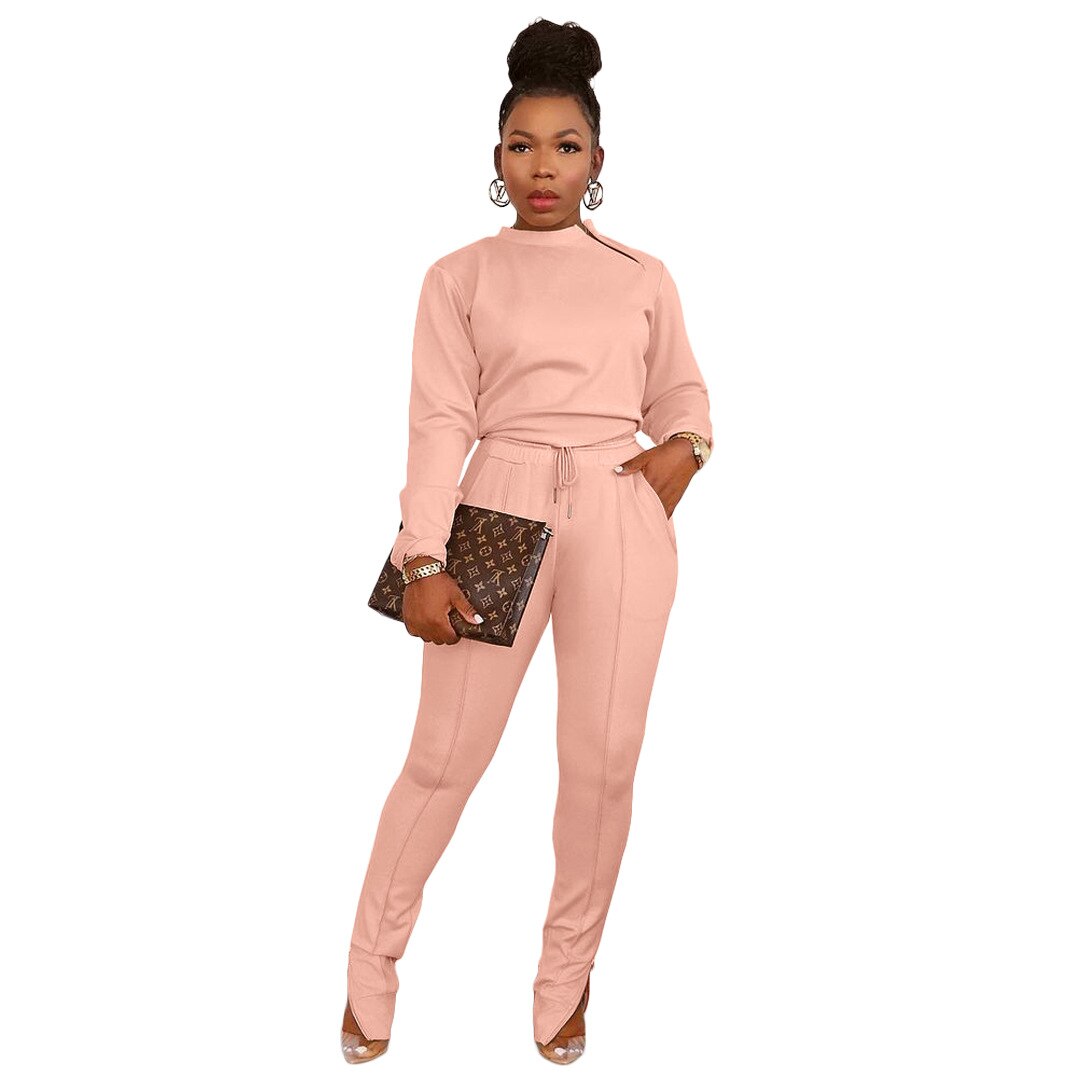 Active Wear Sporty Fitness Two Piece Set Women Casual Long Sleeve Pullover Top+high Waist Drawstring Zipper Split Hem Sweatpants
