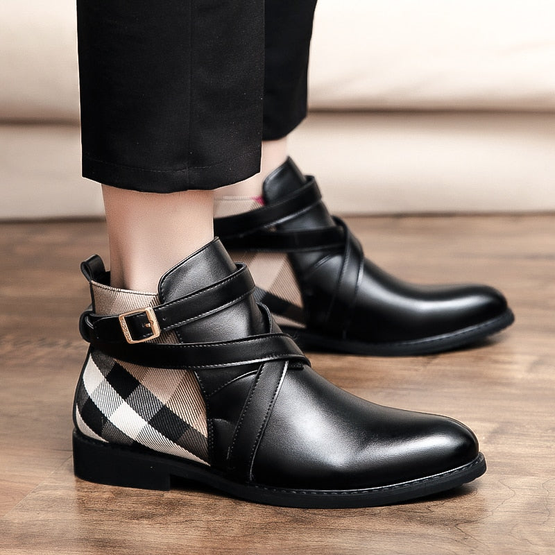 Men Ankle Boots Genuine Leather Dress Shoes Buckle Strap Flats Pointed Toe Motorcycle Boots Casual Nightclub Party Footwear 48