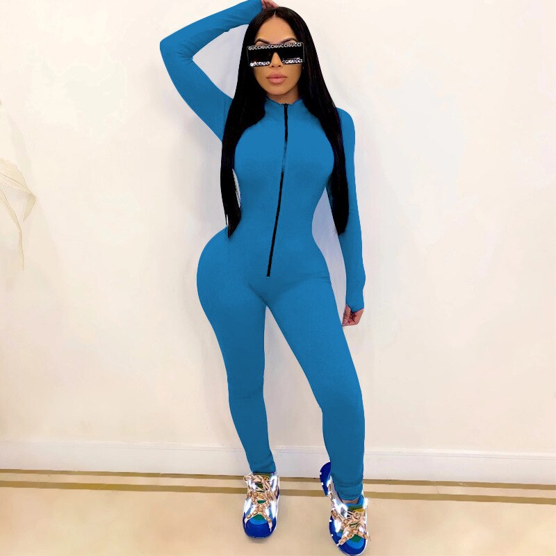 New Workout Active Wear Solid Color Rompers Womens Jumpsuit Sporty Long Sleeve Fitness Clubwear Zipper Party Jumpsuits Bodycon
