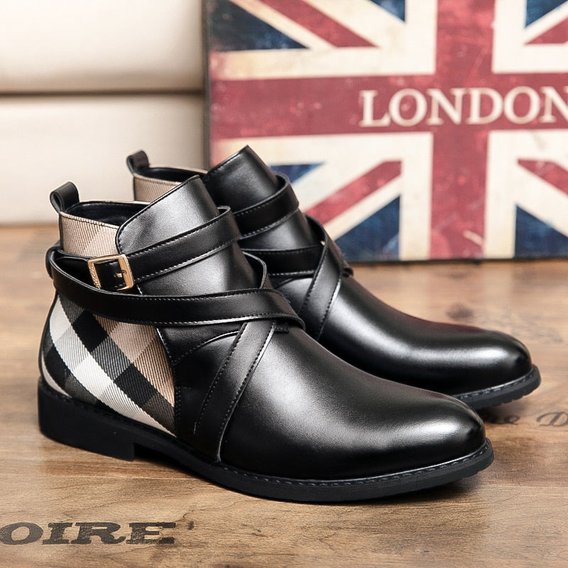 Men Ankle Boots Genuine Leather Dress Shoes Buckle Strap Flats Pointed Toe Motorcycle Boots Casual Nightclub Party Footwear 48