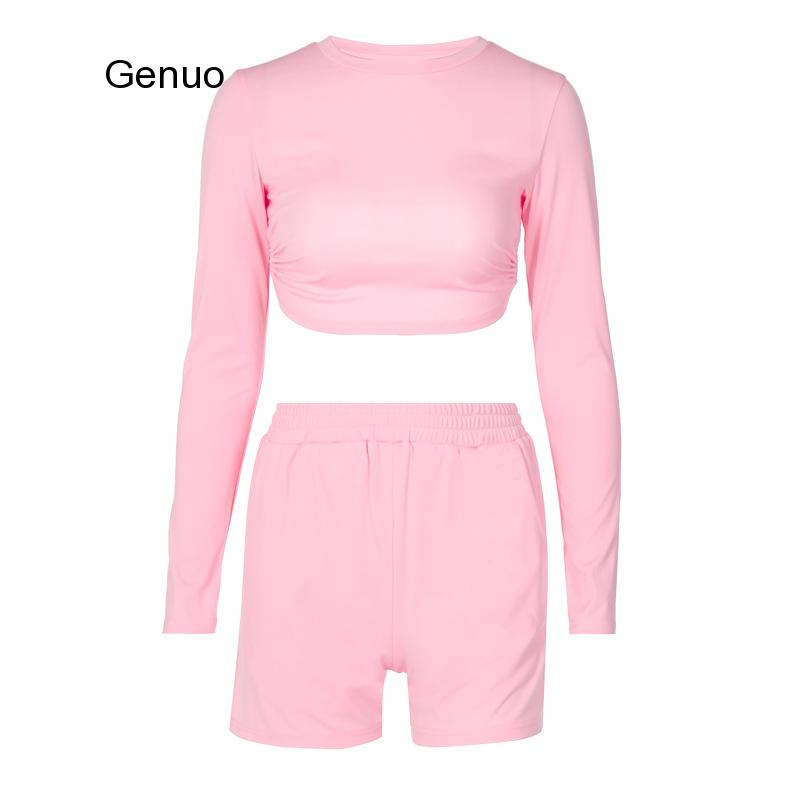 Pink Active Wear Two Piece Set Women Sexy Backless Long Sleeve Crop Top Shorts Tracksuit Womens Summer Loungewear Set