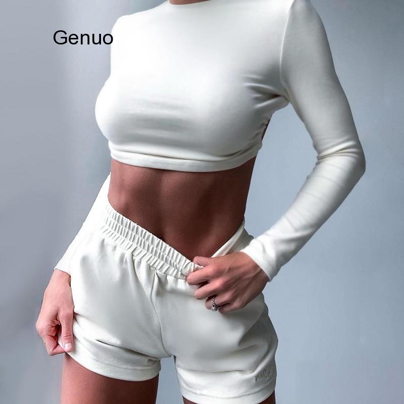 Pink Active Wear Two Piece Set Women Sexy Backless Long Sleeve Crop Top Shorts Tracksuit Womens Summer Loungewear Set