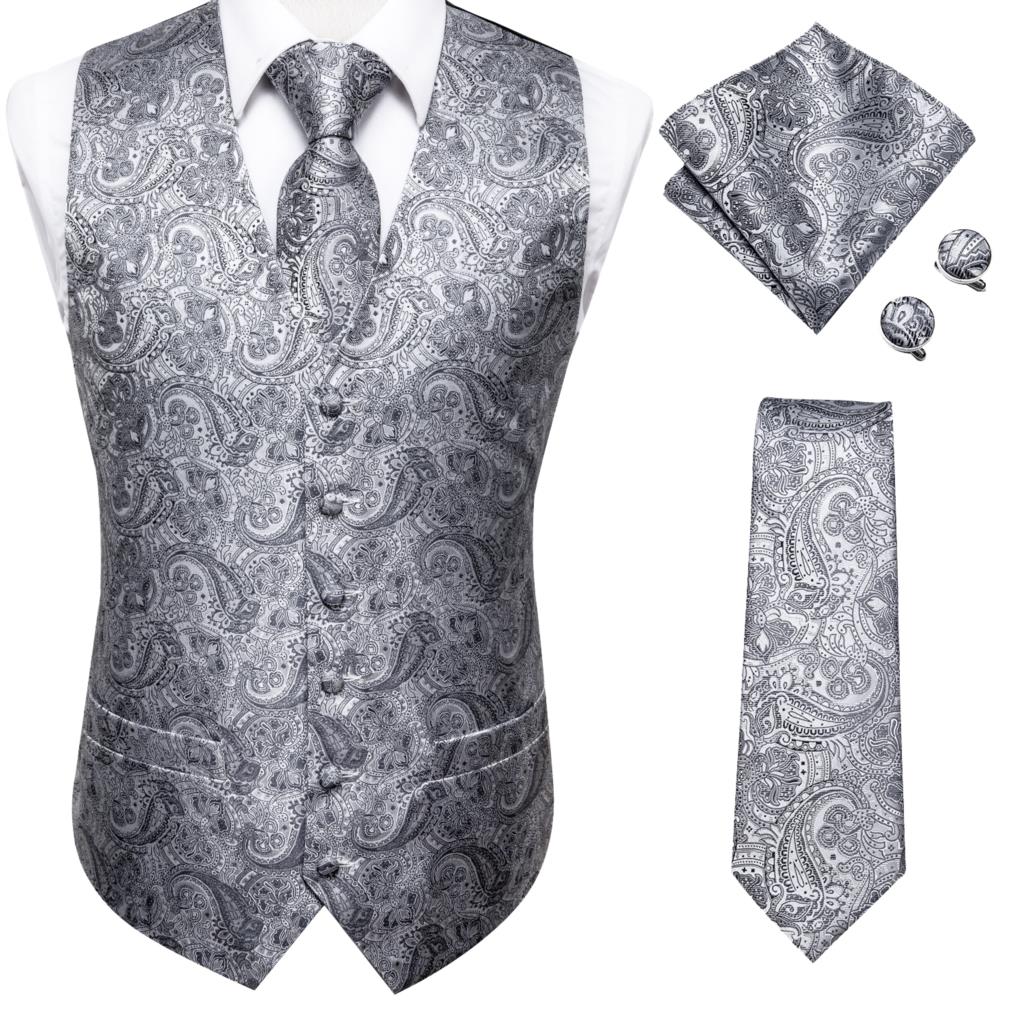 Brand New Mens Suit Dress Vests Necktie Hankerchief Cufflinks Set Silk Slim Fit Male Waistcoat Jacquard Waist Jacket Gilet Homme