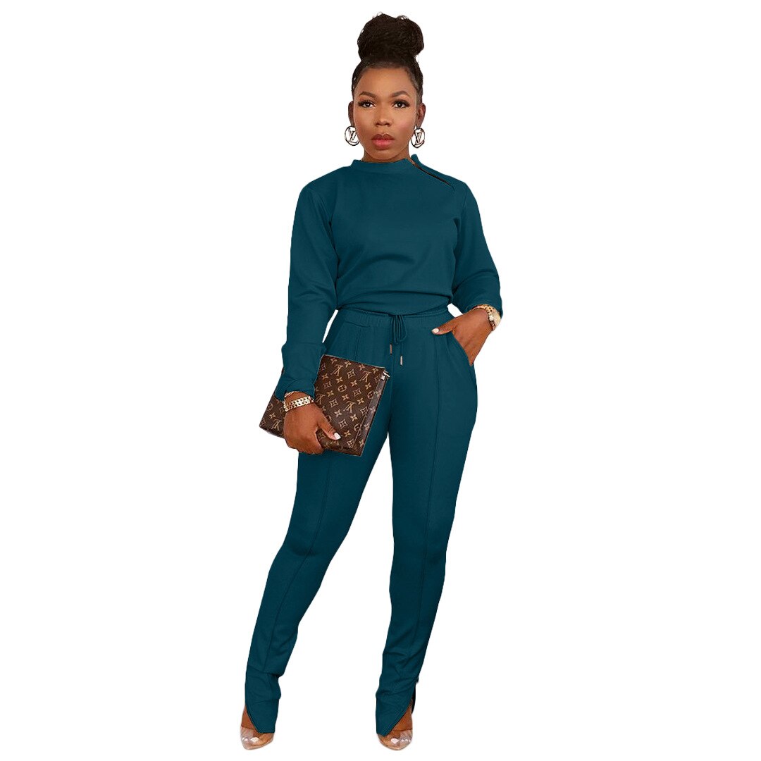 Active Wear Sporty Fitness Two Piece Set Women Casual Long Sleeve Pullover Top+high Waist Drawstring Zipper Split Hem Sweatpants