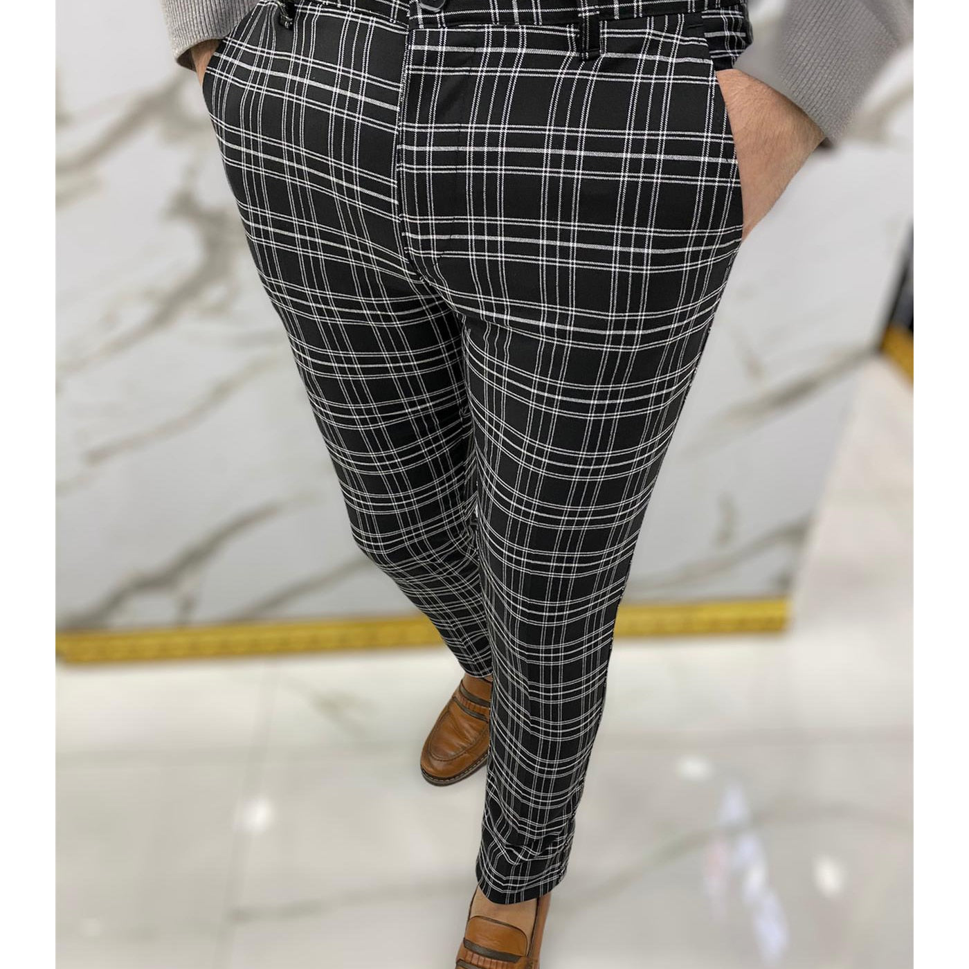 mens black plaid dress pants Mens Plaid Dress Pants Flat-Front Slim Fit Windowpane Trousers For Business Wedding prom