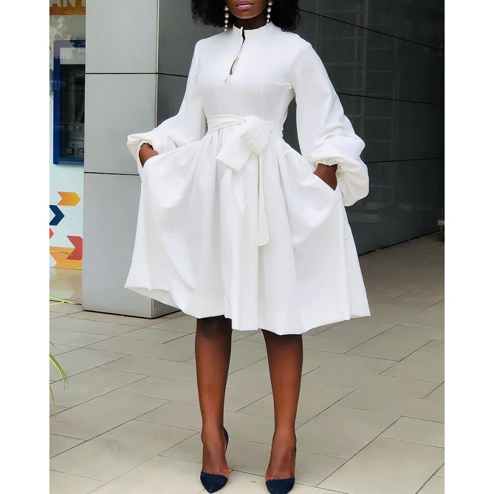 Elegant Women White Yellow Dress Fashion Casual Solid Color Lantern Sleeve African Dress Lady Office Modest Work Wear Vestidos