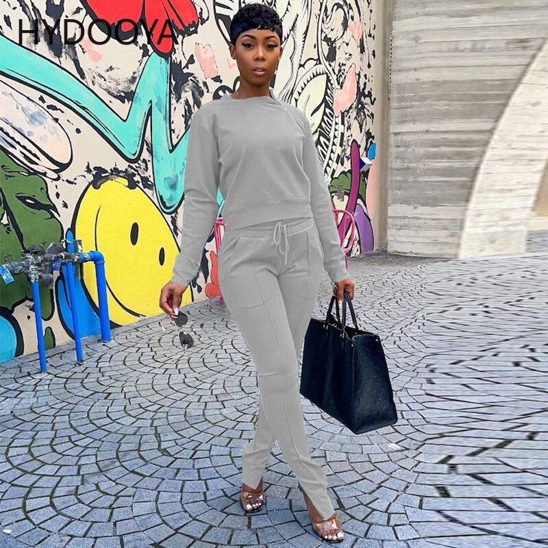 Active Wear Sporty Fitness Two Piece Set Women Casual Long Sleeve Pullover Top+high Waist Drawstring Zipper Split Hem Sweatpants