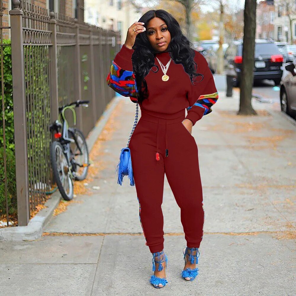 HLJ&GG Autumn Winter Stripe Printing Tracksuits Women Round Neck Long Sleeve Pullover + Jogger Pants Two Piece Sets Outfits 2023