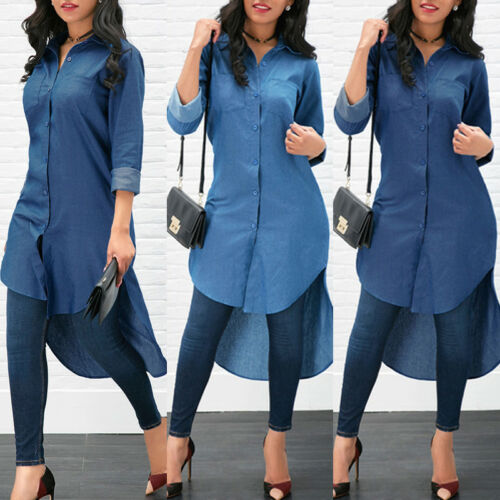 Summer Women's Fashion Cool Blue Jeans Denim Plain Brief Button Turn-down Collar Long Sleeve Casual Loose Shirt Blouse Dress