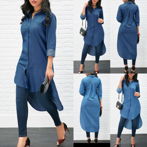 Summer Women's Fashion Cool Blue Jeans Denim Plain Brief Button Turn-down Collar Long Sleeve Casual Loose Shirt Blouse Dress