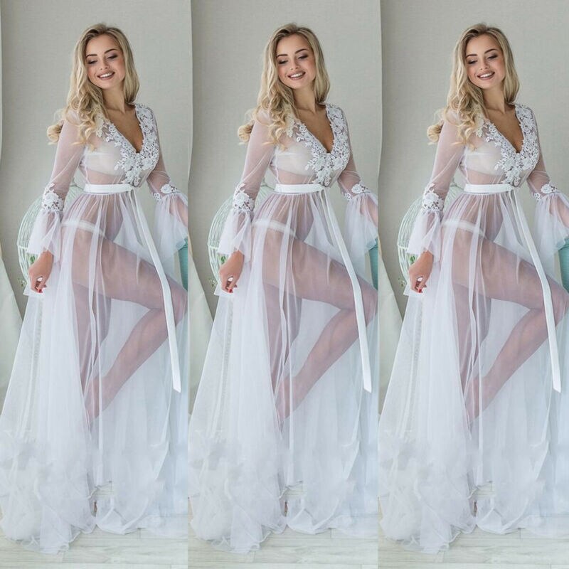 Fashion Sexy Women Solid Mesh Lace V neck Sleepwear Babydoll See Through Ladies Floral Nightwear Robes