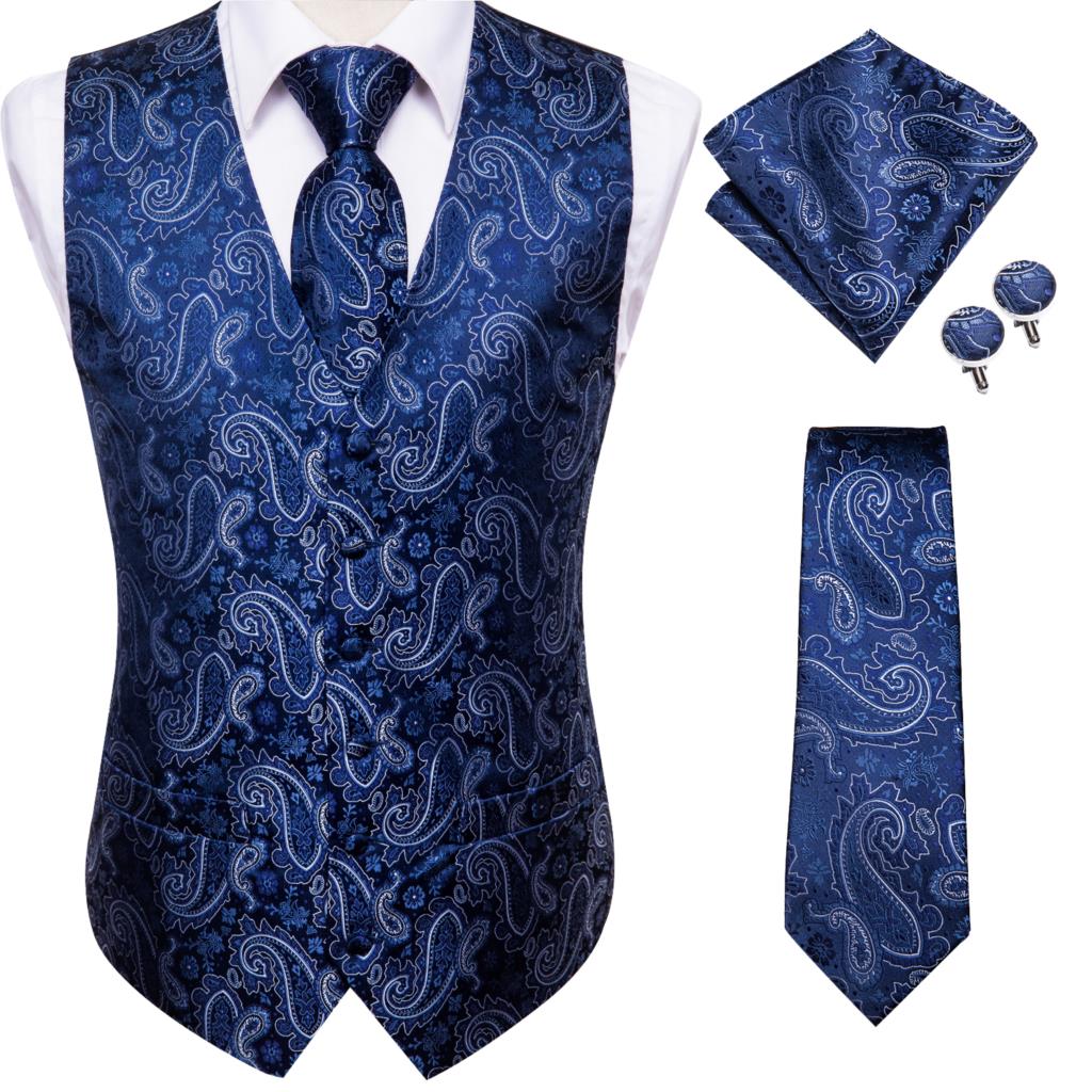 Brand New Mens Suit Dress Vests Necktie Hankerchief Cufflinks Set Silk Slim Fit Male Waistcoat Jacquard Waist Jacket Gilet Homme