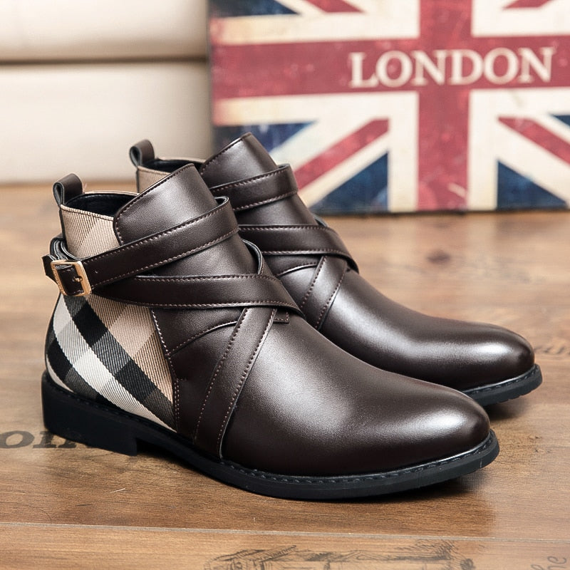 Men Ankle Boots Genuine Leather Dress Shoes Buckle Strap Flats Pointed Toe Motorcycle Boots Casual Nightclub Party Footwear 48