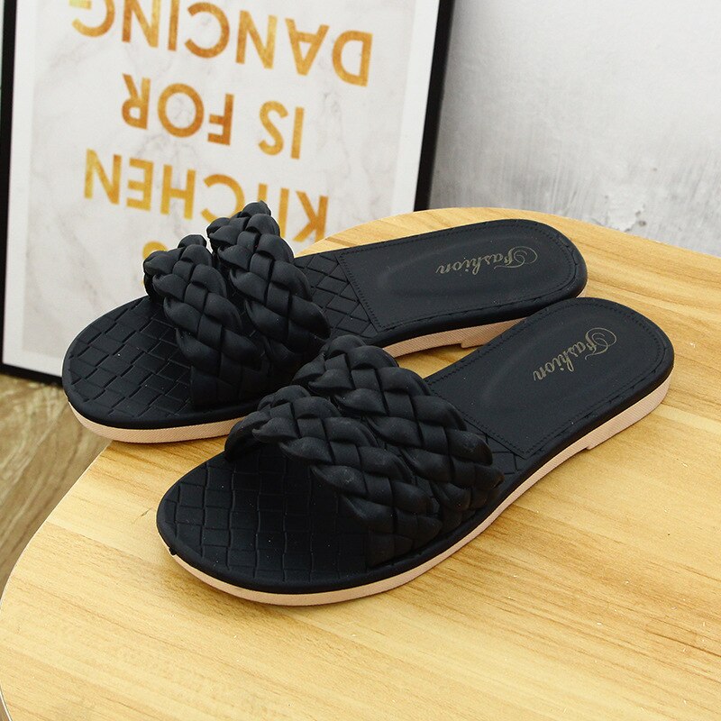 Women's Fashion Sandals Summer Flat Outside Slippers Casual Solid Color Weave Flip Flops Female Indoor Shoes