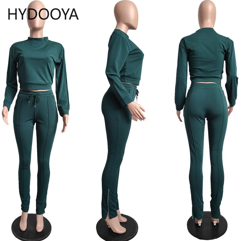 Active Wear Sporty Fitness Two Piece Set Women Casual Long Sleeve Pullover Top+high Waist Drawstring Zipper Split Hem Sweatpants
