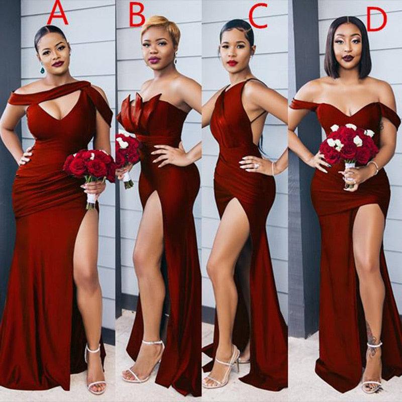 2023 African Bridesmaid Dresses Sleeveless Floor Length Sweep Train Side Slit Silk Satin Pleated Wedding Party Bridemaid Gown