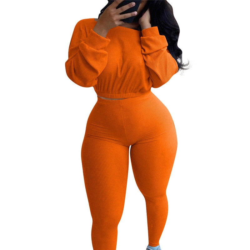 Autumn Women Ribbed Fitness Tracksuit 2 pieces Set Slim Crop top + Sporting Leggings Active Wear outfits Skinny Stretch Outwear