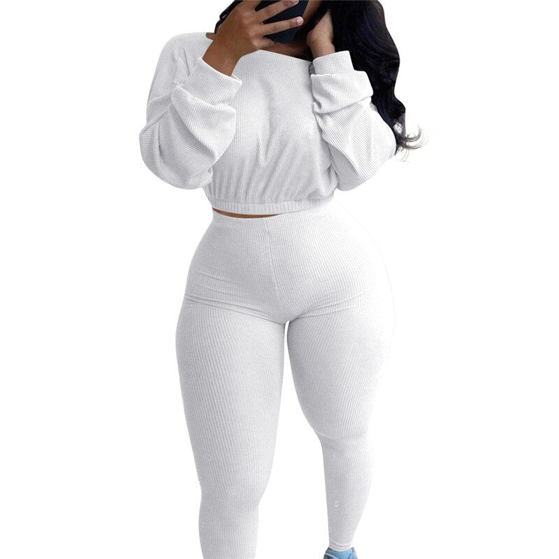 Autumn Women Ribbed Fitness Tracksuit 2 pieces Set Slim Crop top + Sporting Leggings Active Wear outfits Skinny Stretch Outwear