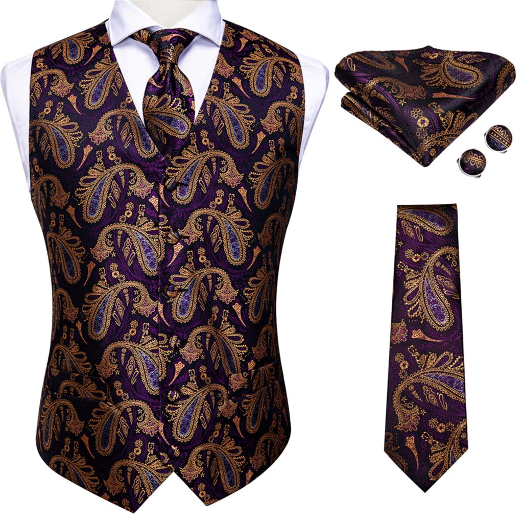 Brand New Mens Suit Dress Vests Necktie Hankerchief Cufflinks Set Silk Slim Fit Male Waistcoat Jacquard Waist Jacket Gilet Homme