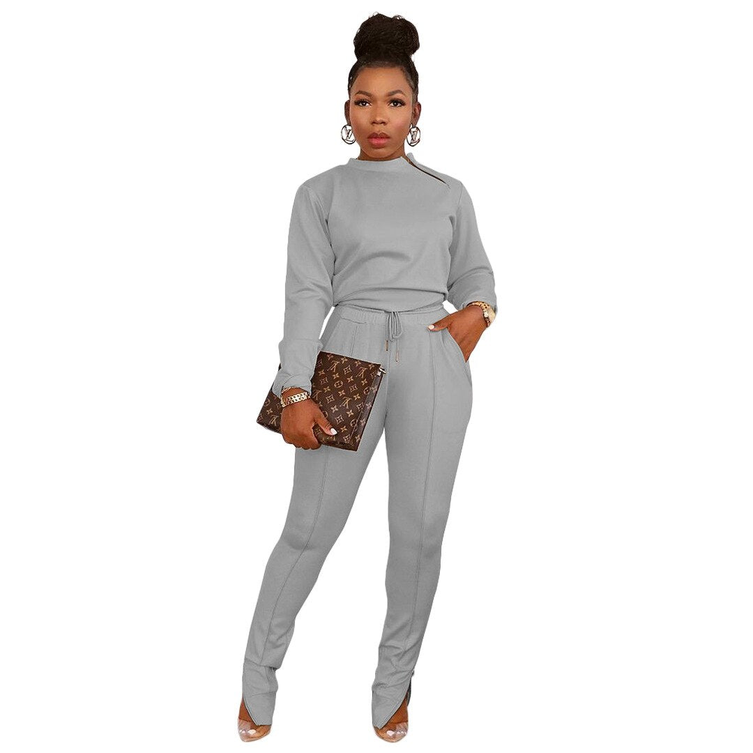 Active Wear Sporty Fitness Two Piece Set Women Casual Long Sleeve Pullover Top+high Waist Drawstring Zipper Split Hem Sweatpants