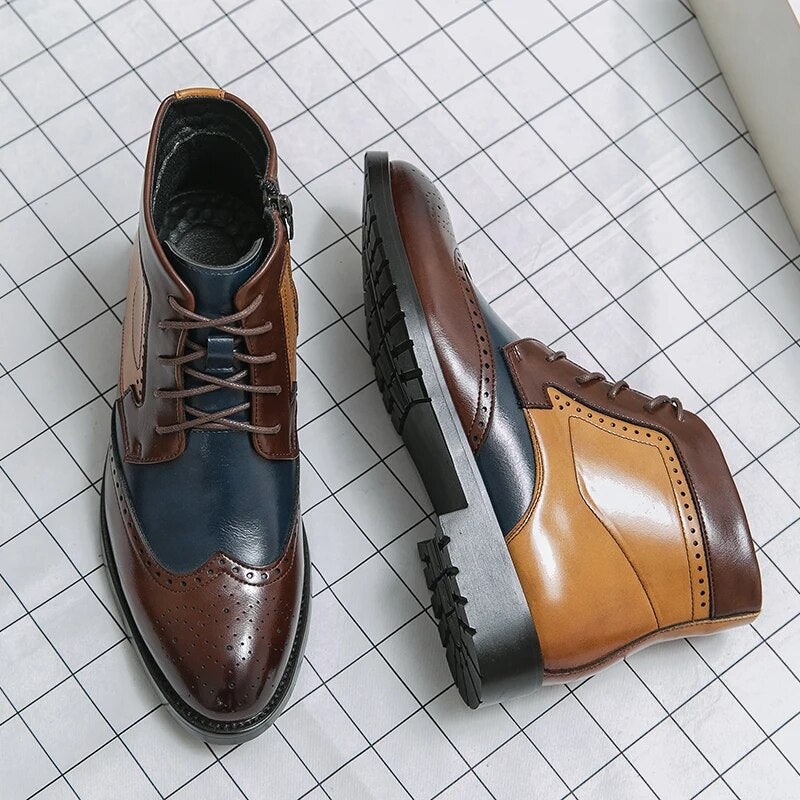 New Arrivals Mixed Colors Block Men's Short Boots Zipper Lace-up Round Toe Handmade Men Ankle Boots Free Shipping Size 38-44