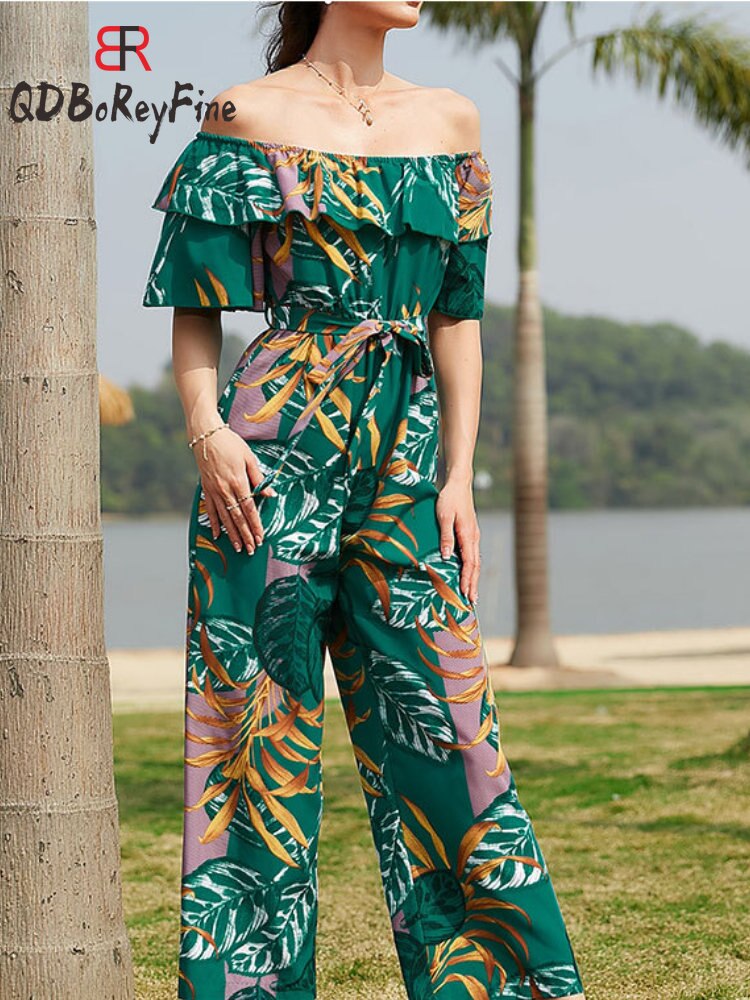 Sexy Women Jumpsuits Off shoulder Ankle length wide leg pants Ruffles short sleeve Casual holiday jump suits for women rompers