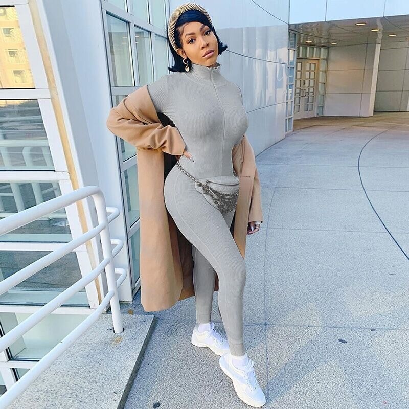Active Wear Knit Ribbed Rompers Sporty Workout Womens Jumpsuit Long Sleeve Zipper Green Embroidery Letter Print Jogger PR1421G