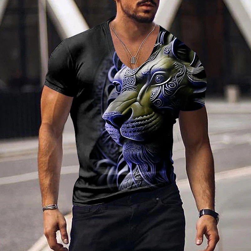 Oversized Animal T-shirt Men Black Tees Lion Print Shirts Pattern V-neck Tops Fashion Casual Short Sleeve Summer Men's Clothing