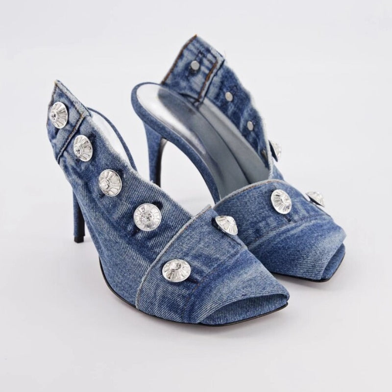 2023 Summer Brand New Pocket Design Fashion Denim High Heel Sandals Popular Charming Woman Shoes Comfort Slippers Big Size 43