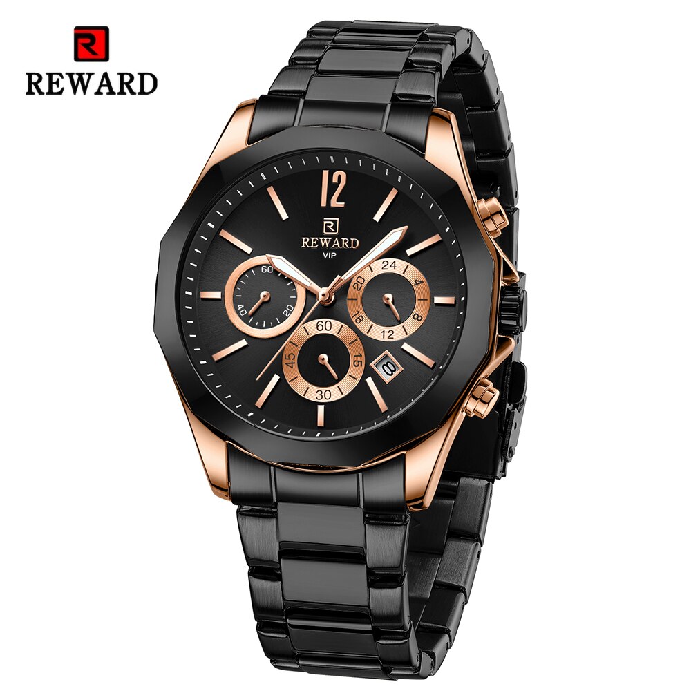 REWARD VIP New Business Watches for Men Fashion Dress Wrist Watches Stainless Steel Waterproof Luminous Date Chronograph Clock