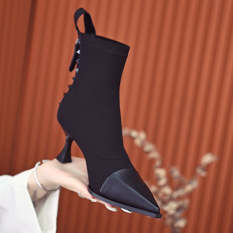 Retro Stretch Socks Boots Women Autumn/Winter New Fashion Pointed Toe Zipper Single Boots Stitching High Heels Women Shoes