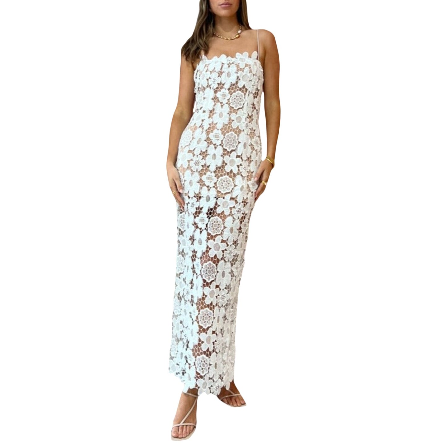 MAHUAOYIXI Summer Dress Women White Lace Elegant Dress Transparent Lace Floral Women Short Dress Sexy Sleeveless V Neck Beach