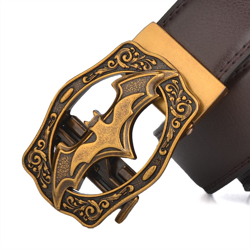 Vintage Bat Silver Gold Automatic Buckle Belt for Men Genuine Leather Plus Size Big 130 140 150 160 170cm Brown Black Belts 2023