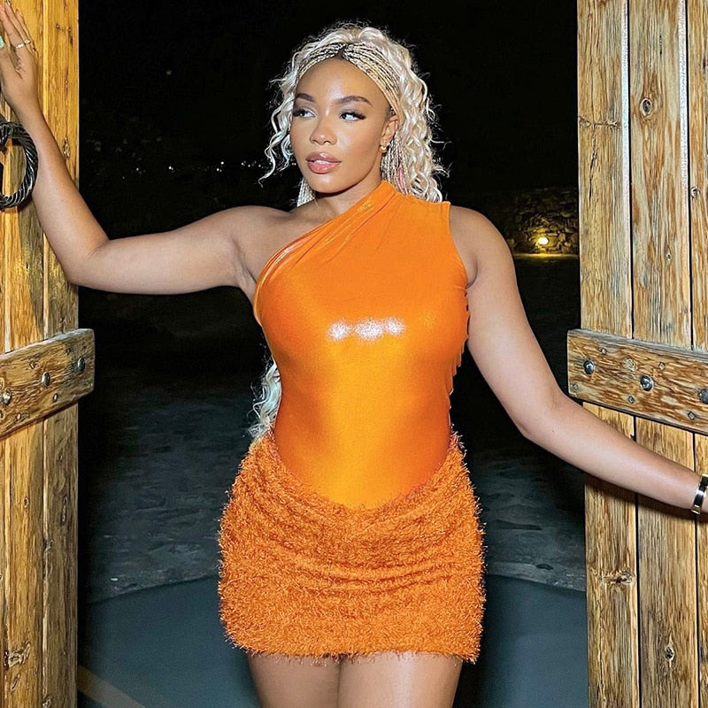 ANJAMANOR 2 Piece Set Fuzzy Skirt and One Shoulder Bodysuit Top Orange Sexy Club Outfits Bodycon Dresses for Women 2023 D85-CG18
