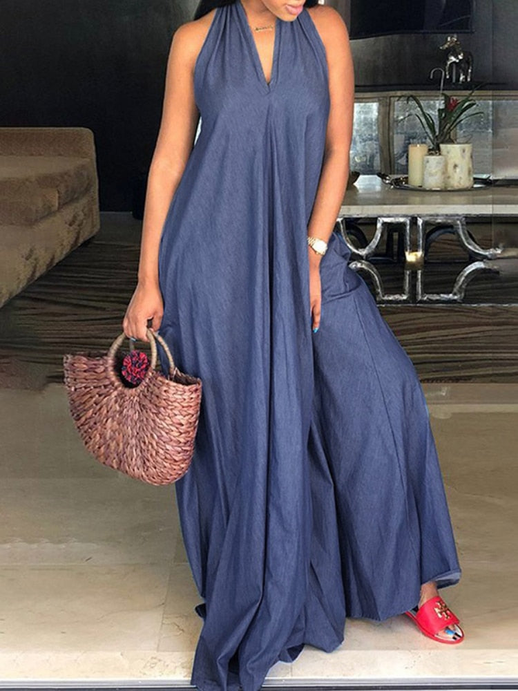 Freeacy Summer New Female Halterneck V-neck Sleeveless Loose Wide Leg Denim Jumpsuits For Women Casual Streetwear Jump Suits