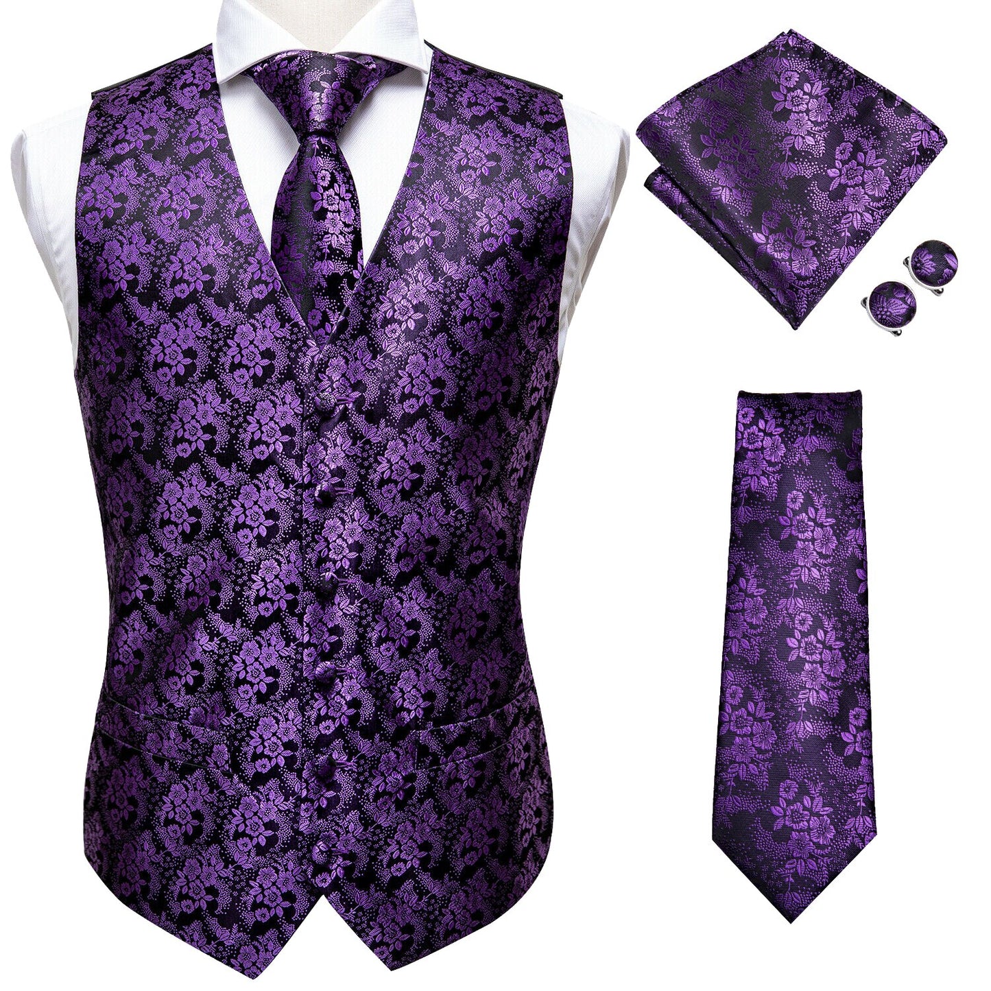 Brand New Mens Suit Dress Vests Necktie Hankerchief Cufflinks Set Silk Slim Fit Male Waistcoat Jacquard Waist Jacket Gilet Homme